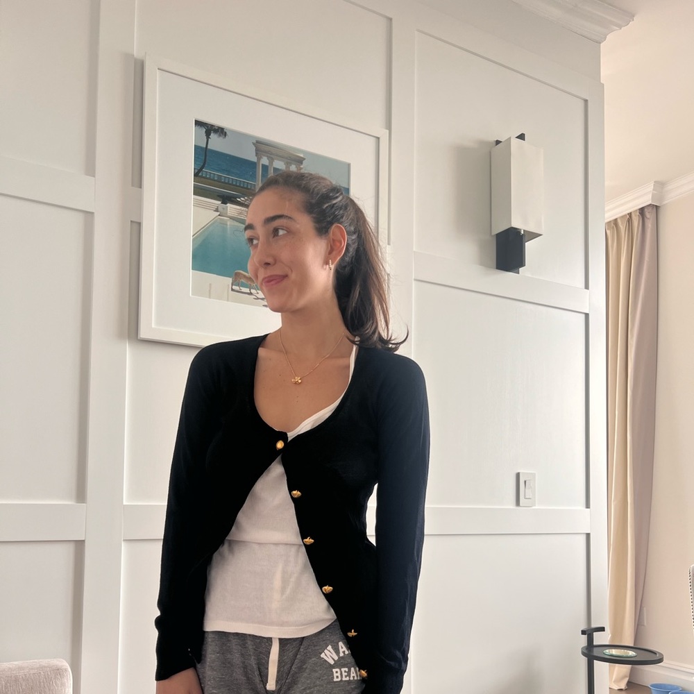 Donna Karen couture wool rayon cardigan gold buttons